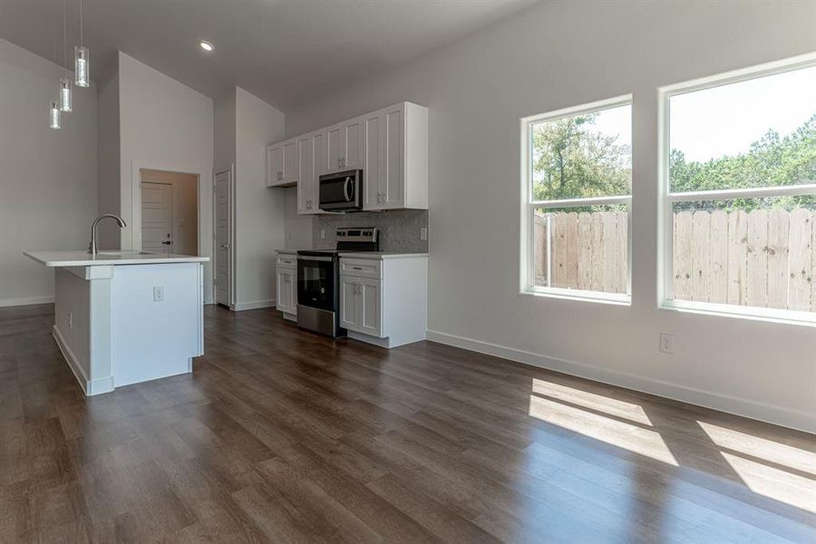 View of kitchen from dining area