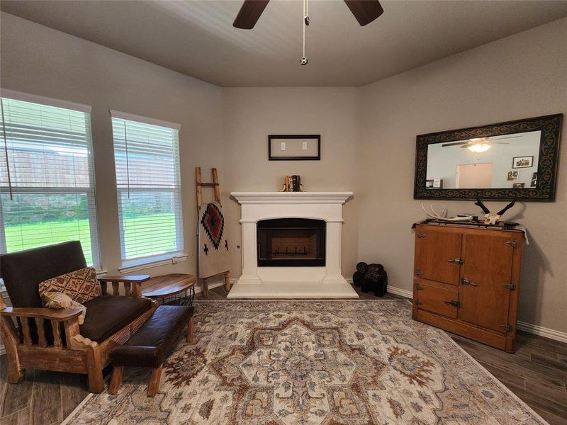 Living area featuring ceiling fan