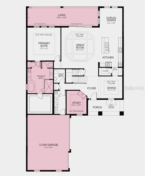 First Floor Plan - Structural options added include: 3-car garage, extended lanai with an outdoor kitchen rough-in, and study in place of flex room