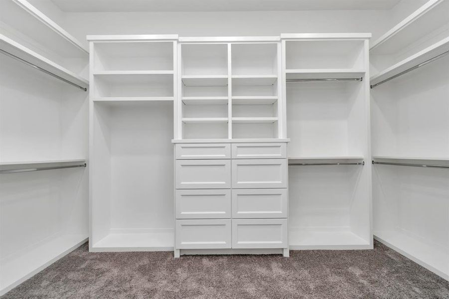 This is a spacious walk-in closet featuring built-in white shelves and drawers, with ample storage options and gray carpeting.