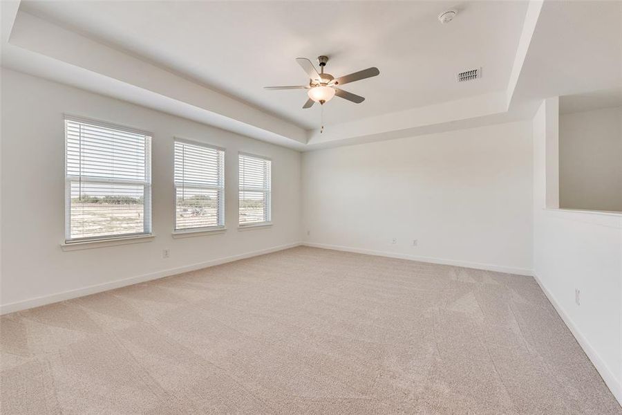 Empty room featuring light carpet, a tray ceiling, and ceiling fan