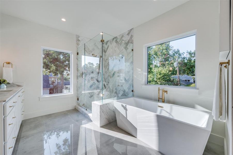 Bathroom featuring vanity, separate shower and tub, and a healthy amount of sunlight