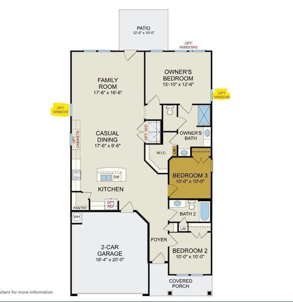 Cascade floor plan: Structural options include Bedroom 3, optional window at family room and primary bedroom.