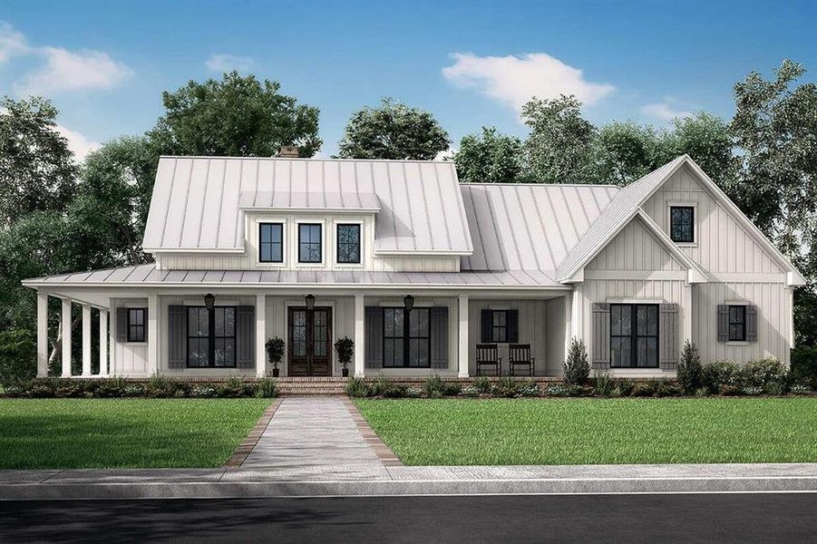 Modern farmhouse featuring a porch and a front yard