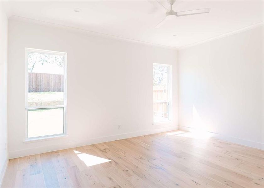 Empty room with ceiling fan, light hardwood / wood-style flooring, and ornamental molding