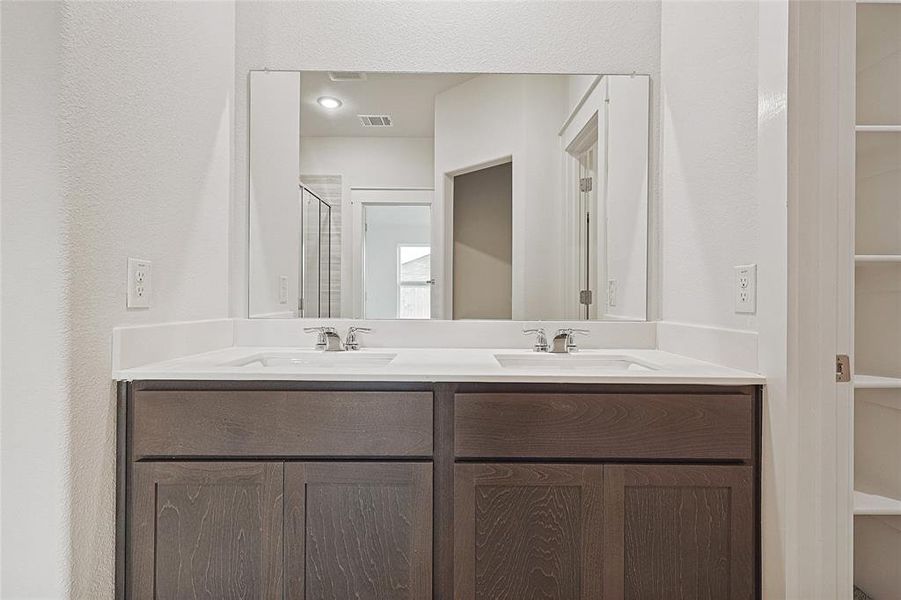 Bathroom with vanity and a shower with shower door