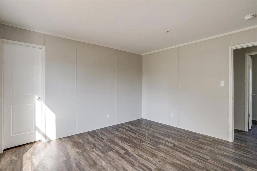 Spare room featuring crown molding and dark wood-type flooring