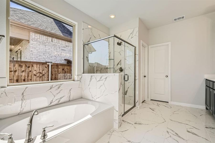 Bathroom with a wealth of natural light, vanity, and shower with separate bathtub