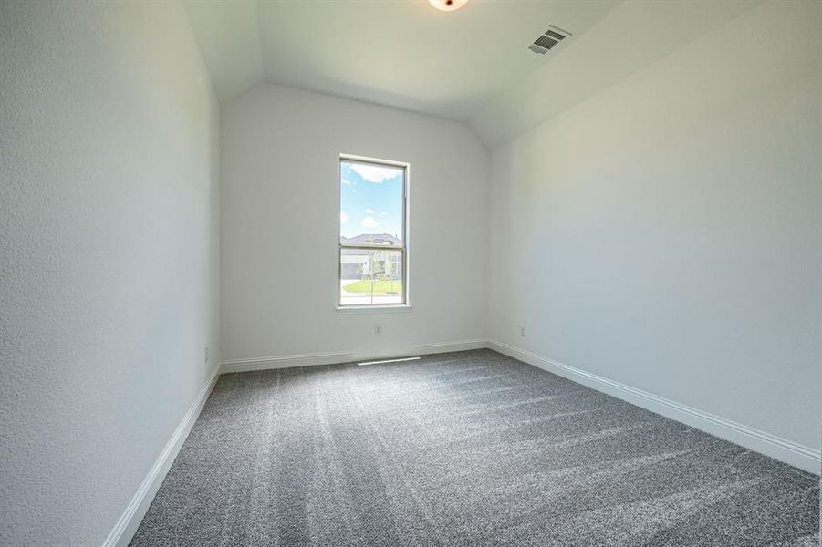 Unfurnished room featuring vaulted ceiling and carpet