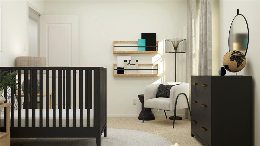 Carpeted bedroom featuring a crib