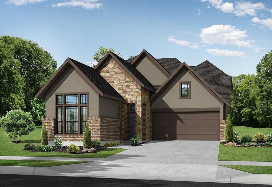 *REPRESENTATIVE PHOTO* The exterior elevation of the Armstrong Plan by Newmark Homes in Elyson showcases a tasteful blend of brick, stone, and stucco materials. This mixture not only enhances the home's curb appeal but also adds texture and visual interest to its facade. The combination of these materials reflects a harmonious design that complements the modern aesthetic of the home.