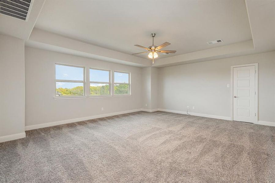 Carpeted spare room featuring ceiling fan and a tray ceiling