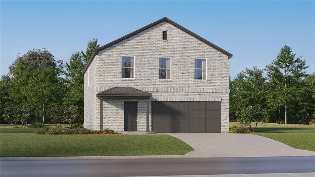 Front of property with a front lawn and a garage