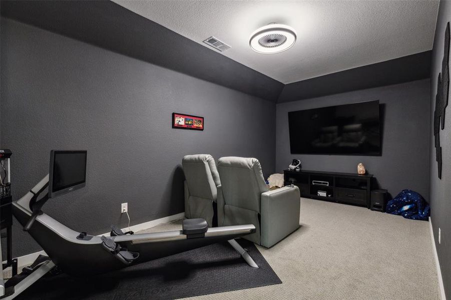 Home theater/Media room with no blade ceiling fan light fixture and textured carpet.