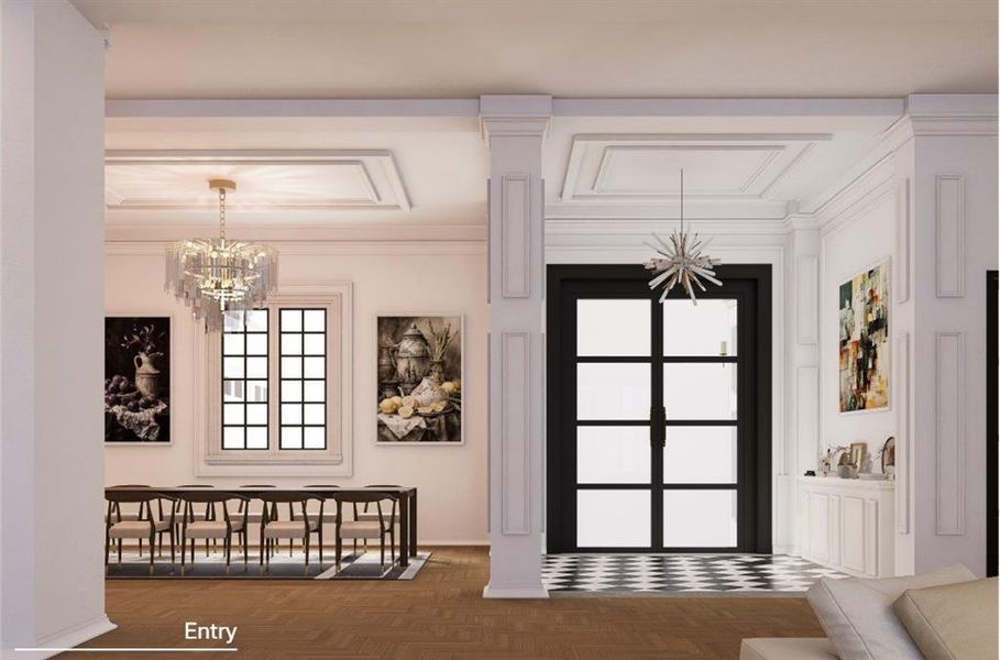 Entrance foyer with a tray ceiling, a notable chandelier, and parquet floors