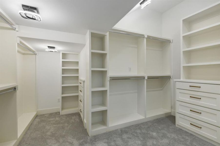 Walk in closet with dark colored carpet