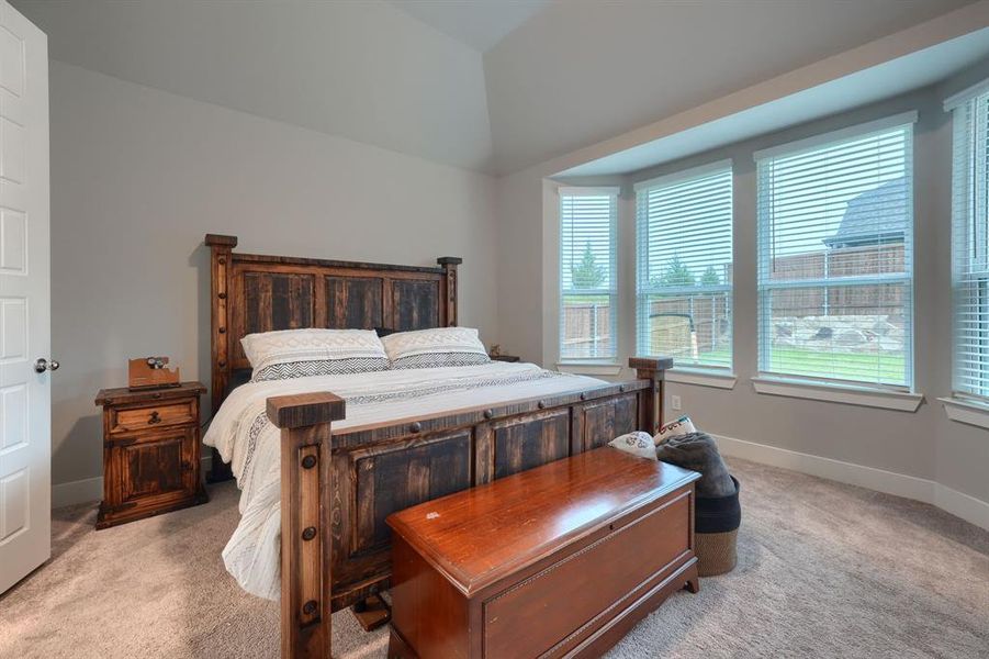 Carpeted bedroom with vaulted ceiling