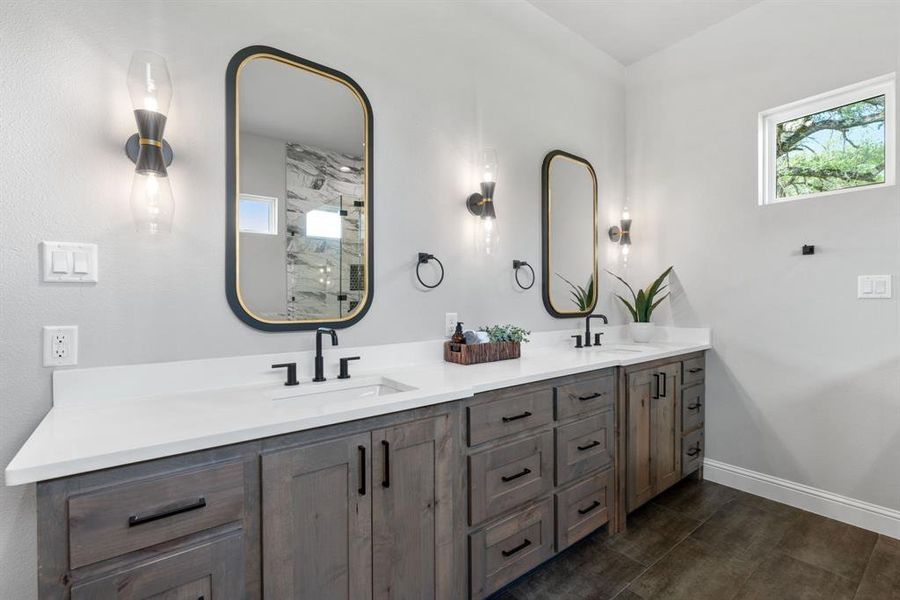 Bathroom with dual bowl vanity