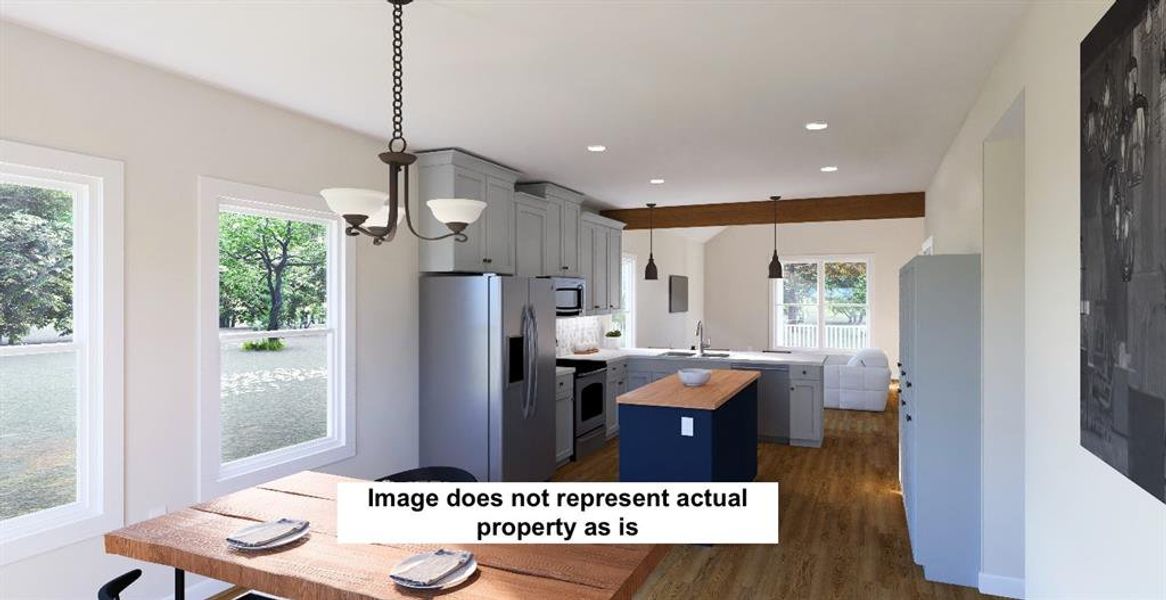 Kitchen dining open to living. Picture for reference of layout, will be similar colors/finishes subject to change based on availability/builder. Image is virtually staged