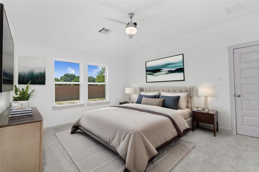 The Primary Suite Bedroom is tucked away from all the Main Living Area for its privacy! **Virtually Staged Photo** **Image Representative of Plan Only and May Vary as Built**