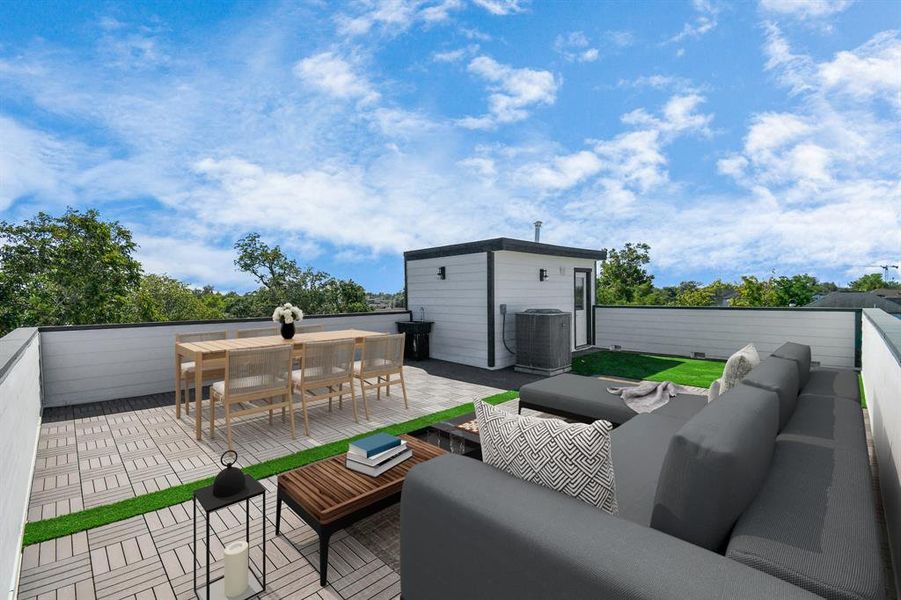 Experience the ultimate outdoor living on this stunning rooftop terrace with turf. Perfectly designed for both relaxation and entertainment.