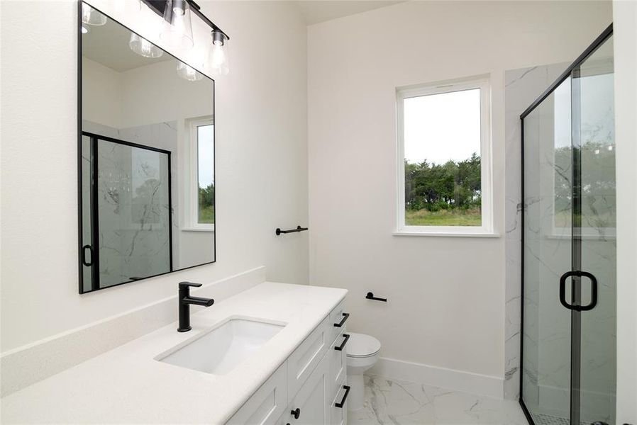 Bathroom with vanity, an enclosed shower, and toilet