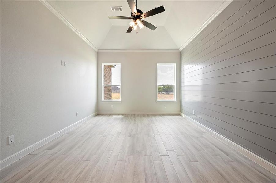 Unfurnished room with light hardwood / wood-style flooring, lofted ceiling, ceiling fan, and crown molding