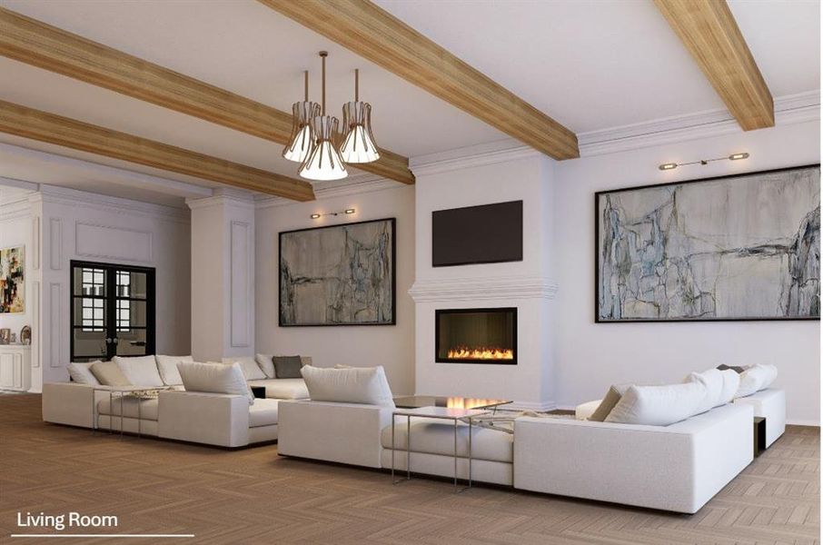 Living room featuring parquet flooring, beam ceiling, french doors, and crown molding