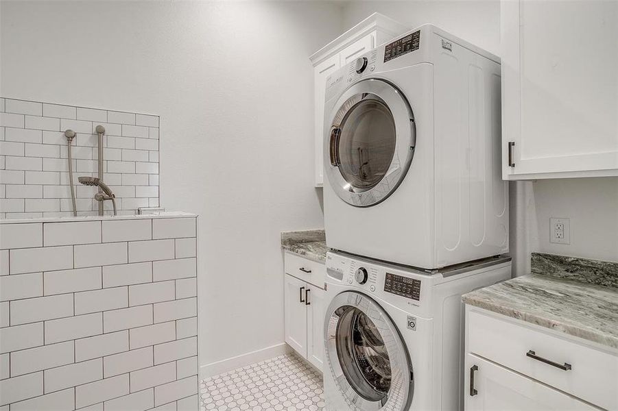 Functional walk-in laundry room featuring built-in storage, a dog wash station, and convenient counter space for folding.