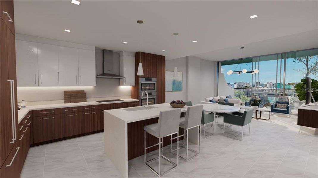 Stylish kitchen, quartz double waterfall edge countertops, Bosch stainless steel & panel front -ready appliances, undercabinet lighting