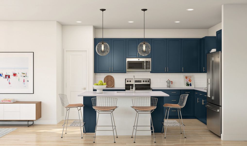 Kitchen with pendant lighting and blue cabinets