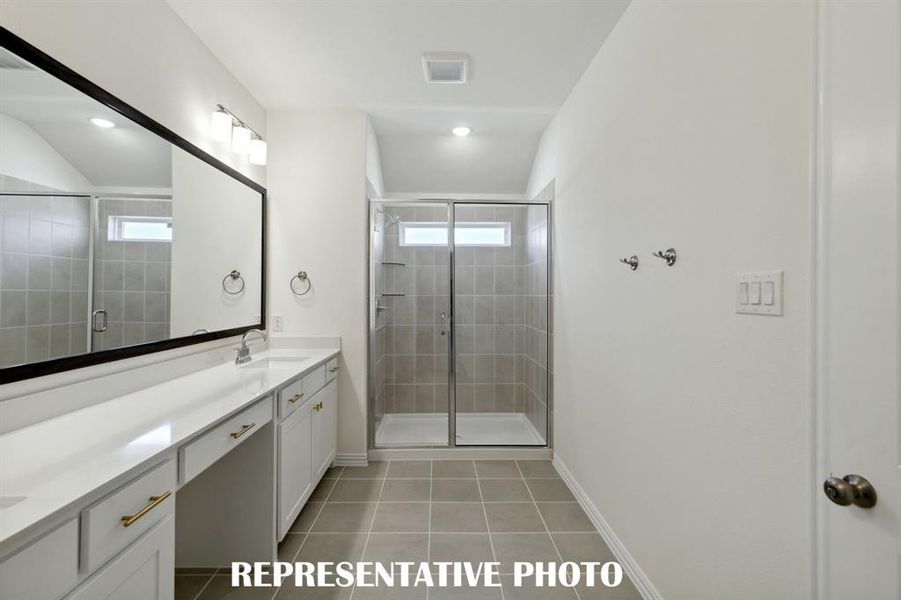 The spacious walk in shower in this delightful owner's bath is the perfect place to start or end your day!  REPRESENTATIVE PHOTO