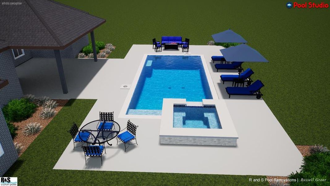 Virtual View of pool with an in ground hot tub and a patio area