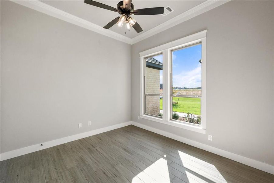 Spare room featuring hardwood / wood-style floors, crown molding, and ceiling fan