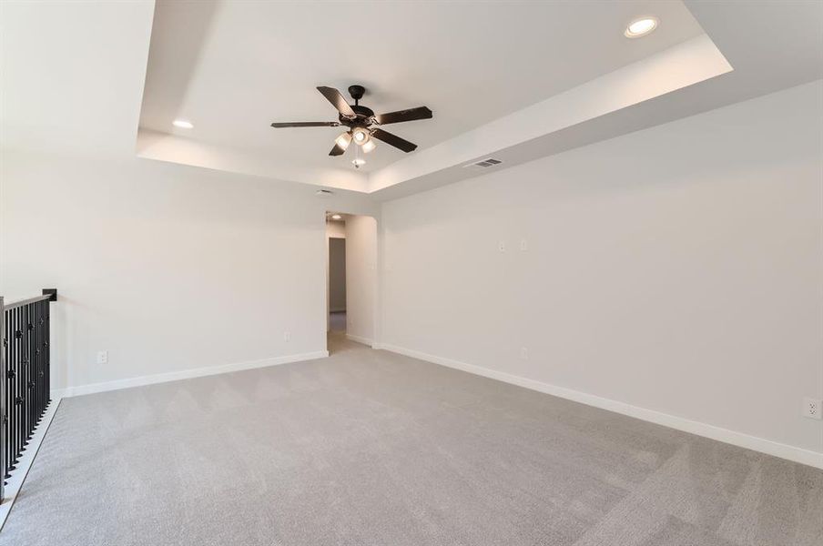 Carpeted spare room featuring ceiling fan and a raised ceiling