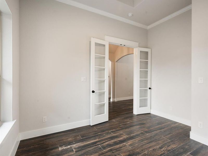 Unfurnished room with ornamental molding, dark hardwood / wood-style floors, and french doors