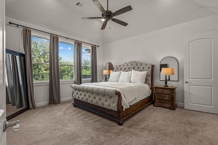 Carpeted bedroom with lofted ceiling and ceiling fan