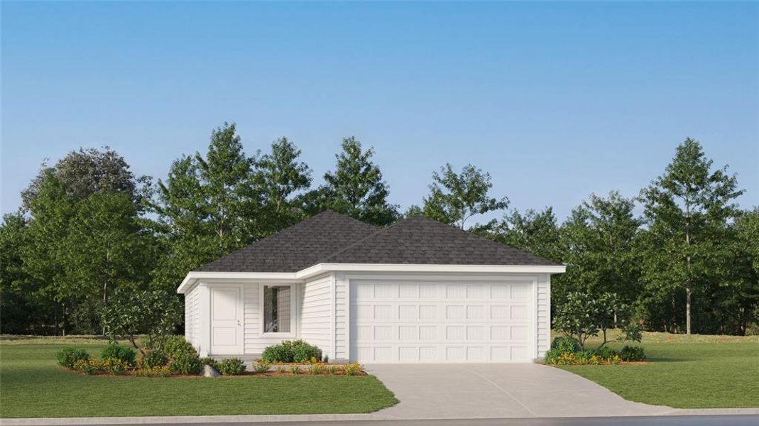 Ranch-style house with a front lawn and a garage