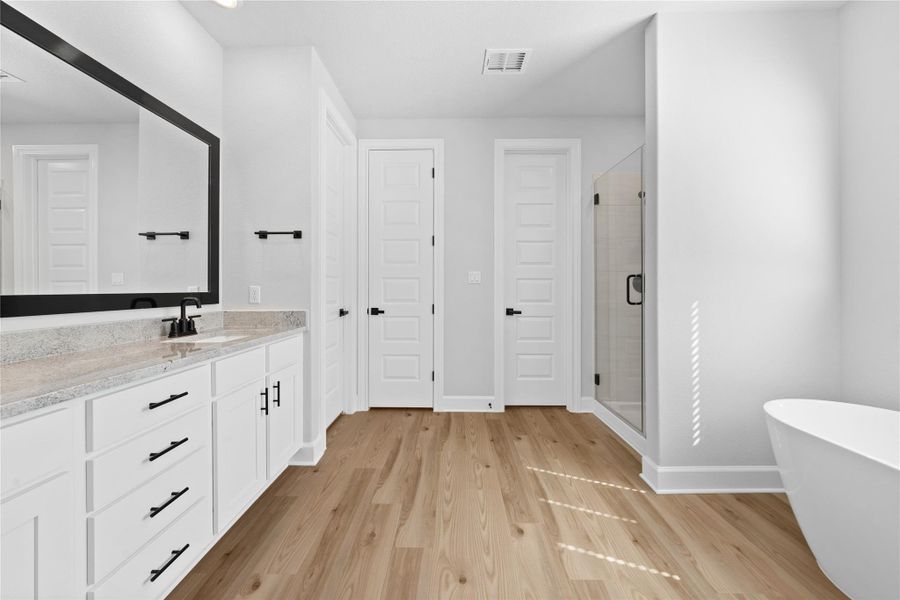 Master bathroom includes his/her closets, granite countertop, elongated mirror, and dual-vanity sinks.