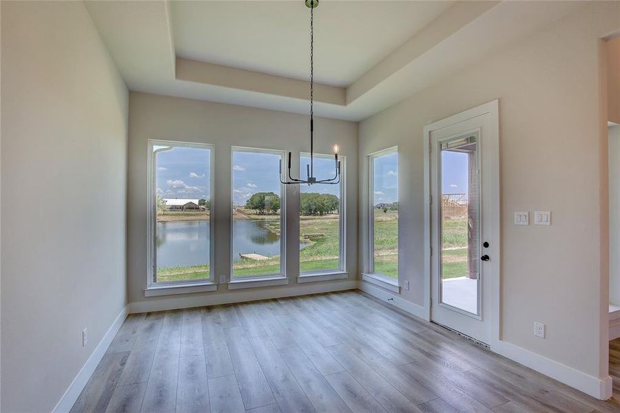 Unfurnished dining area featuring a notable chandelier, a raised ceiling, hardwood / wood-style floors, and a water view