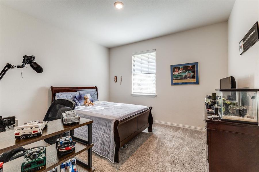 Bedroom with light colored carpet