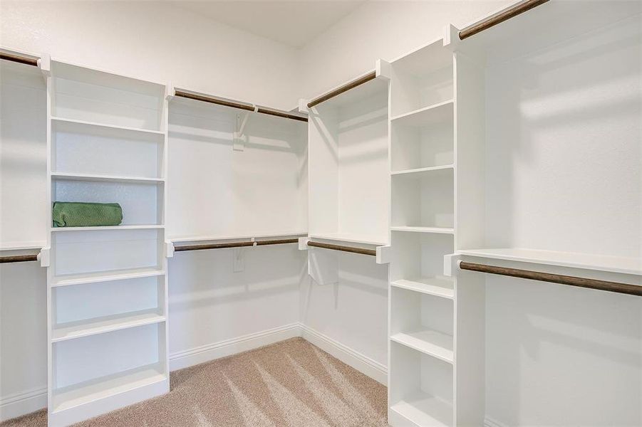 Walk in closet featuring light carpet