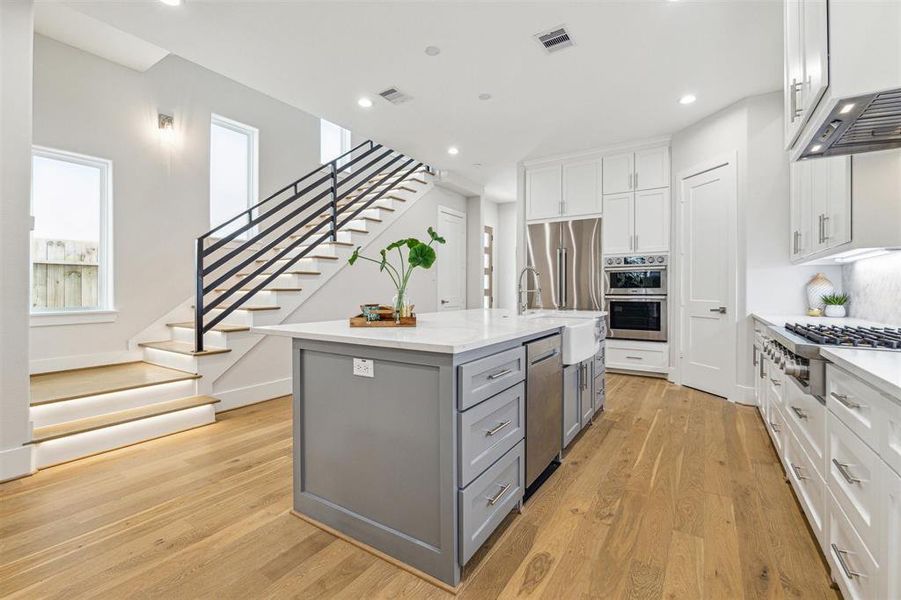 Professional range hood, built-in oven, built-in microwave, and a dedicated pantry.