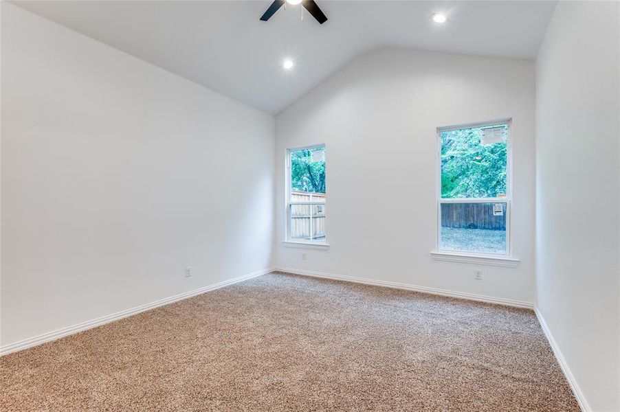 Carpeted spare room with lofted ceiling, a wealth of natural light, and ceiling fan