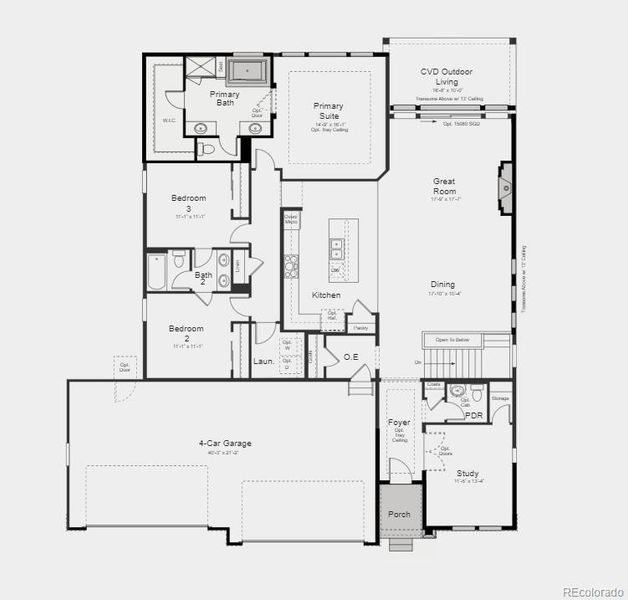 Structural options include: tub and shower at owner's bath, 13' ceilings, 8'X15' sliding glass door, fireplace, and full unfinished basement.