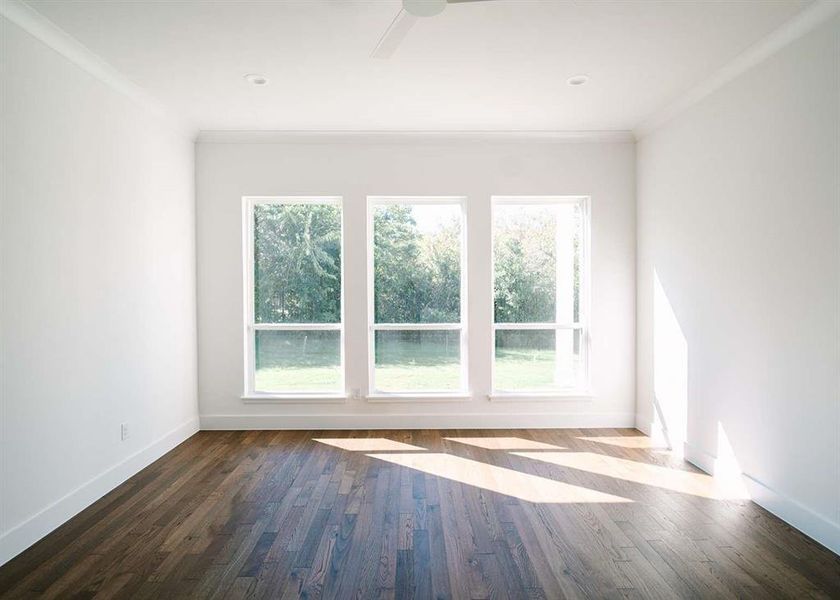 Empty room featuring ceiling fan, dark hardwood / wood-style floors, and ornamental molding