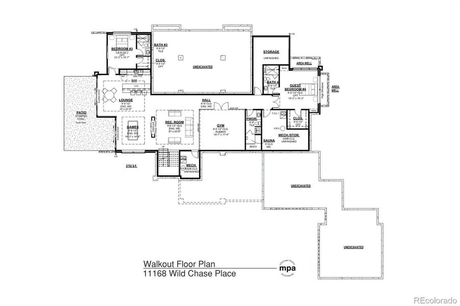 Basement Floor Plan of the Peak View by Reed Custom Homes noting open concepts yet intentionally designed to maximize privacy and the active lifestyle provided by colorful Colorado. Note the oversized gym and built in sauna features and intentionality with bedroom spaces and the entertaining possibilities.