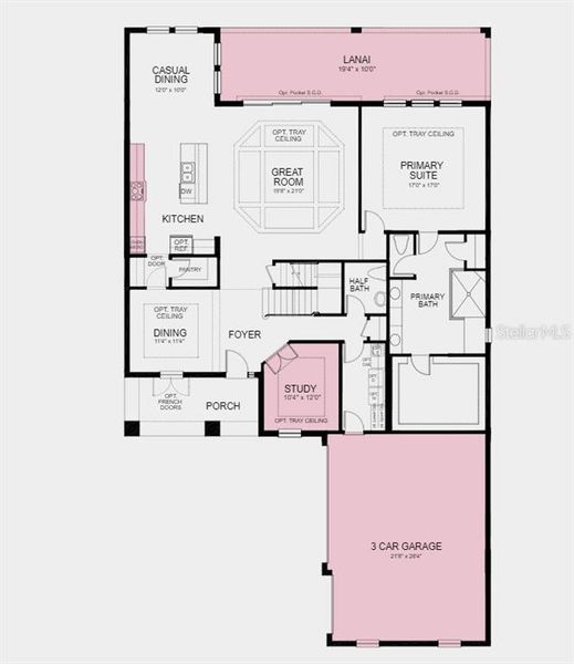 First Floor Plan - Structural options added include: 3-car garage, extended covered lanai, gourmet kitchen, and study.