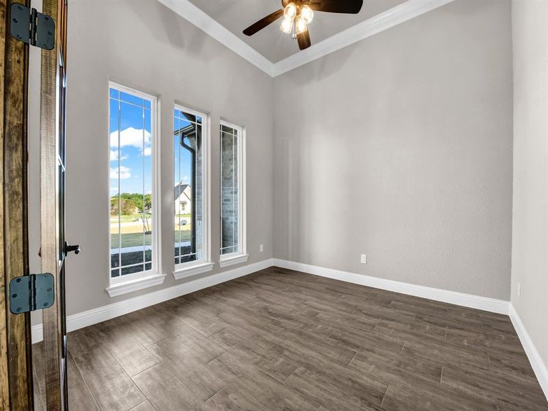 Spare room featuring dark wood-type flooring, crown molding, and ceiling fan