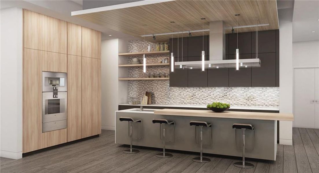 Italian-made cabinetry, Gaggenau appliances including built-in refrigerator and wine cooler, wall oven, microwave oven, gas cooktop, island hood venting directly to exterior, under-counter lighting and walk-in pantry. Rendering shown is an example and may not be representative of this unit.